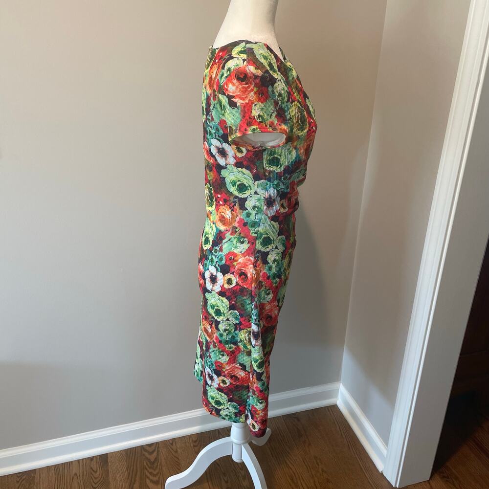 Joseph Ribkoff Sheath Floral Dress Sz 8 Colorful Ruched Stretchy V-Neck Chic - Picture 6 of 13